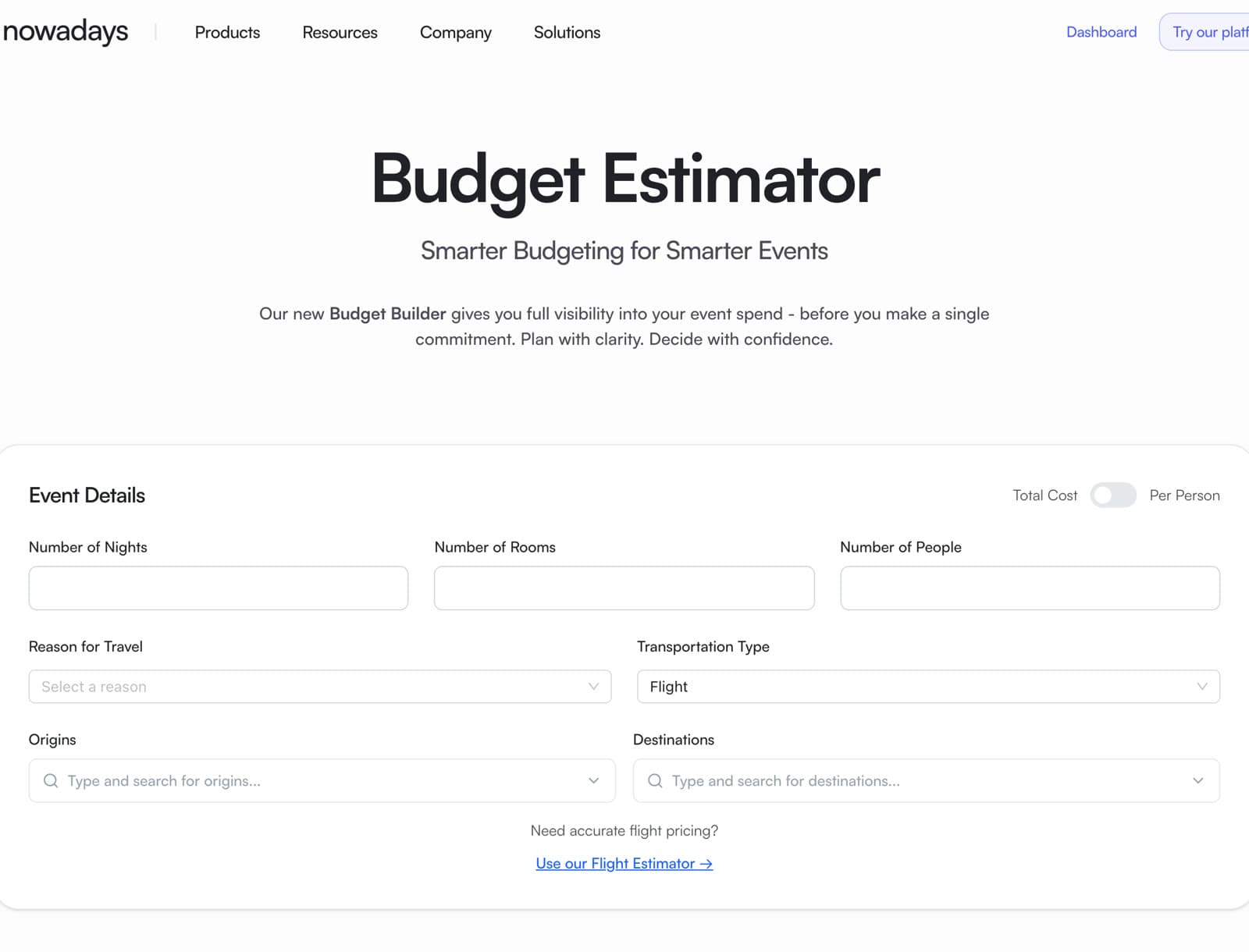 The public budget estimator with fields for nights, rooms, people, origins and destinations.