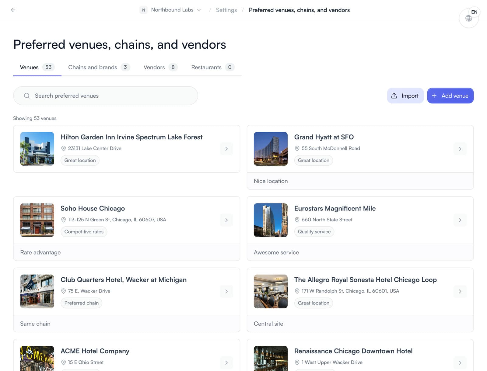 The preferred venues settings page listing hotels with notes such as Great location and Preferred chain.