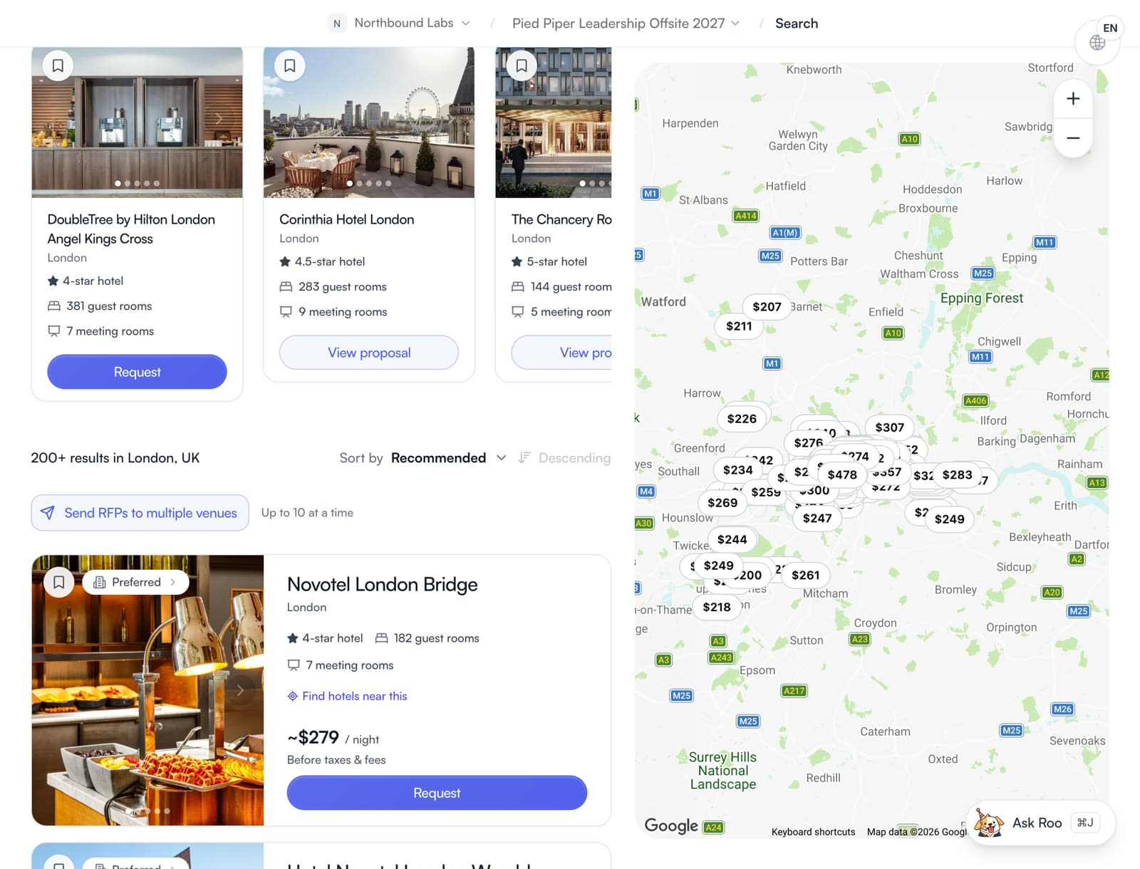 Hotel search results for London in a list, next to a map with nightly rates pinned on each hotel.